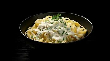 Alfredo pasta cena con cremoso bianca salsa e erbe aromatiche isolato su nero sfondo. generativo ai foto