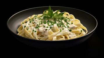 Alfredo pasta cena con cremoso bianca salsa e erbe aromatiche isolato su nero sfondo. generativo ai foto