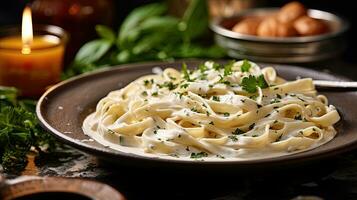 fettucini Alfredo cena con cremoso bianca salsa e erbe aromatiche su tavolo. generativo ai foto