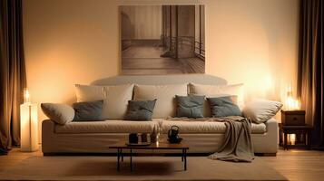 interno design di moderno vivente camera con beige tessuto divano e cuscini. generativo ai foto