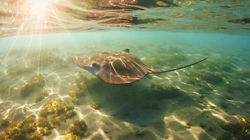 meridionale Stingray nuoto nel blu acqua. generativo ai foto