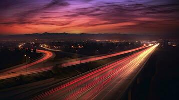 un' lungo esposizione foto, movimento sfocatura di un' autostrada a notte. generetivo ai foto