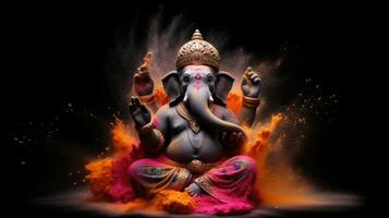 un' Ganesha nel holi polvere spruzzo su buio sfondo. generativo ai foto