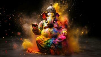 un' Ganesha nel holi polvere spruzzo su buio sfondo. generativo ai foto