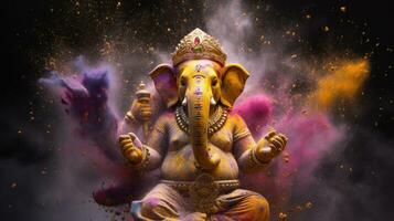 un' Ganesha nel holi polvere spruzzo su buio sfondo. generativo ai foto
