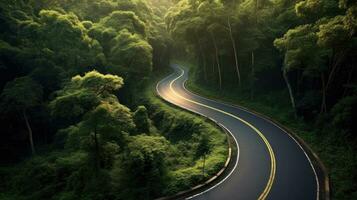 un' formosa strada nel il mezzo di il foresta. superiore Visualizza. generativo ai foto