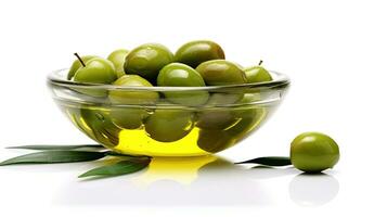 ciotola di oliva olio e verde olive con le foglie isolato su bianca sfondo. generativo ai foto