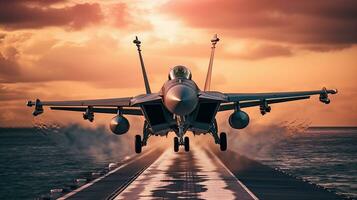 un' combattente getti siamo assunzione via a partire dal un aereo vettore nel il oceano. combattente Jet combattente. generativo ai foto