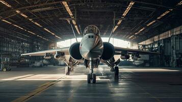 un' militare combattente Jet aereo parcheggiata nel militare hangar a il base aviazione per militare missione. generativo ai foto