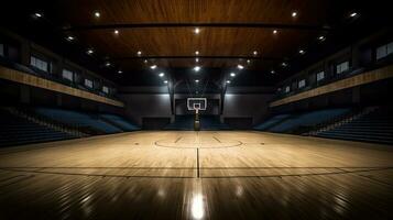 vuoto di moderno pallacanestro arena con di legno Tribunale. generativo ai foto