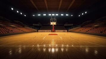 vuoto di moderno pallacanestro arena con di legno Tribunale. generativo ai foto
