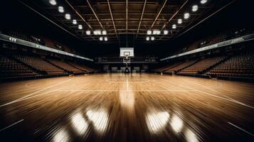 vuoto di moderno pallacanestro arena con di legno Tribunale. generativo ai foto