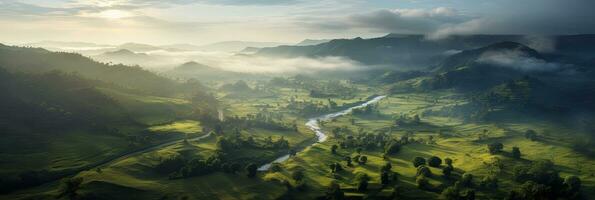 aereo Visualizza di nebbioso paesaggio nel il giungla. nebbia e nube montagna tropico valle paesaggio. generativo ai foto