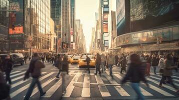 sfocato occupato strada scena con folle di persone a piedi attraverso un intersezione nel nuovo York città. generativo ai foto