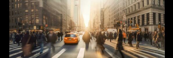 sfocato occupato strada scena con folle di persone a piedi attraverso un intersezione nel nuovo York città. generativo ai foto