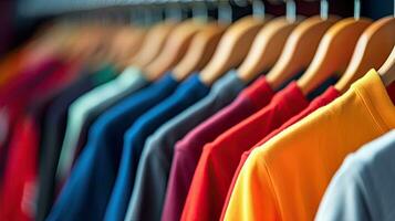 abbigliamento stoffa, colorato t camicie su grucce. generativo ai foto