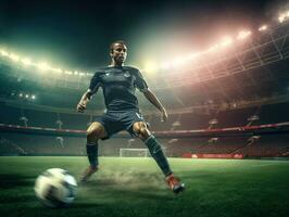 professionale calcio o calcio giocatore nel azione su stadio con torce elettriche, calciando palla per vincente obiettivo. calcio. generativo ai. foto