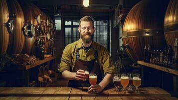 un' birrai campione mestiere birra nel un' fabbrica di birra con un' grande collezione di quercia botti. generativo ai foto