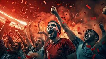 gruppo di fan calcio festeggiare il successo di loro preferito gli sport squadra su il sta di il professionale stadio. generativo ai foto