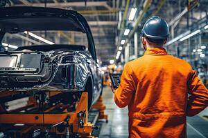 un ingegnere uso tavoletta per Lavorando a settore automobilistico produzione linea. auto montaggio pianta. generativo ai foto