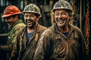 contento di lavoratori Lavorando a un' greggio olio bene. generativo ai foto