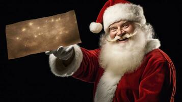 Natale giorno, Santa Claus puntamento nel vuoto annuncio pubblicitario bandiera con copia spazio. creare ai foto