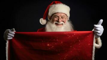 Natale giorno, Santa Claus puntamento nel vuoto annuncio pubblicitario bandiera con copia spazio. creare ai foto