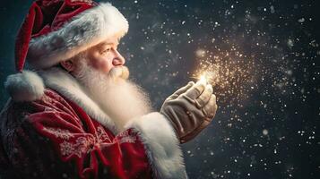 Natale giorno, contento Santa Claus fabbricazione Magia a notte, soffiaggio Magia Natale stelle con copia spazio. creare ai foto
