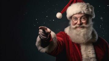 Natale giorno, Santa Claus puntamento nel vuoto annuncio pubblicitario bandiera con copia spazio. creare ai foto