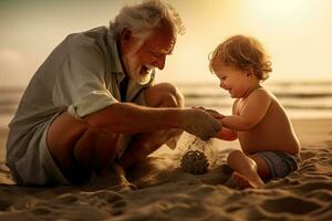 contento nonno giocando con nipote su spiaggia. creare ai foto