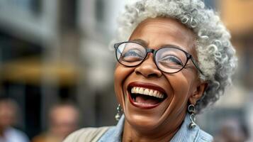 contento soddisfatto nero persone anziano donna indossare bicchieri ritratto fuori. generativo ai foto