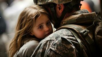 affettuoso militare riunione fra padre e figlia, padre abbracciare bambino. generativo ai. foto