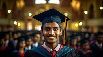 contento indiano maschio diplomato contro il sfondo di Università laureati. foto