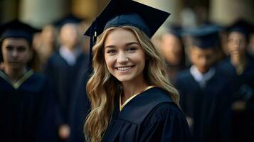 un' giovane femmina sorridente diplomato contro il sfondo di Università laureati. generativo ai foto