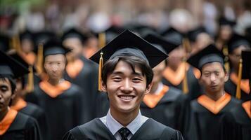 asiatico giovane maschio sorridente diplomato contro il sfondo di Università laureati. foto