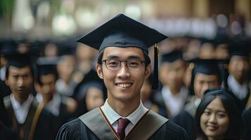 asiatico giovane maschio sorridente diplomato contro il sfondo di Università laureati. foto