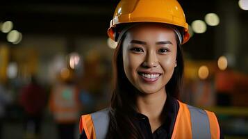 un' bellissimo sorridente su telecamera asiatico femmina ingegnere nel sicurezza veste e elmetto protettivo. professionale asiatico donna Lavorando nel il moderno produzione fabbrica. generativo ai foto