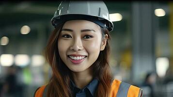 un' bellissimo sorridente su telecamera asiatico femmina ingegnere nel sicurezza veste e elmetto protettivo. professionale asiatico donna Lavorando nel il moderno produzione fabbrica. generativo ai foto