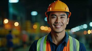 asiatico maschio ingegnere nel sicurezza veste e elmetto protettivo. professionale asiatico uomo Lavorando nel il moderno produzione fabbrica. generativo ai foto