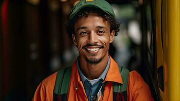 un' sorridente maschio consegna lavoratore nel davanti di il suo furgone. trasporto. generativo ai foto