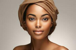 africano americano donna con pulito salutare pelle su beige sfondo. sorridente sognante bellissimo afro ragazza. generativo ai foto