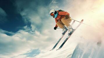 un' sciatore sciare. salto sciatore. lo snowboard. estremo inverno gli sport. sciatore sciare discesa durante soleggiato giorno nel alto montagne. generativo ai foto