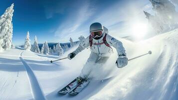 un' sciatore sciare. salto sciatore. lo snowboard. estremo inverno gli sport. sciatore sciare discesa durante soleggiato giorno nel alto montagne. generativo ai foto