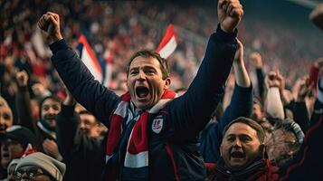 francese fan, festeggiare il successo. sostenitori rallegrare nel bleacher nel francese Rugby incontro 2023. generativo ai foto