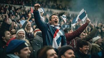 francese fan, festeggiare il successo. sostenitori rallegrare nel bleacher nel francese Rugby incontro 2023. generativo ai foto