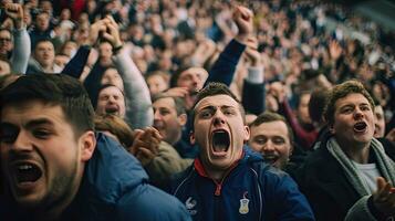 francese fan, emozioni sopraffare. sostenitori rallegrare nel gradinata. generativo ai foto