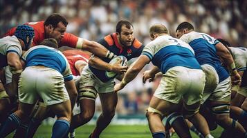 Rugby giocatore nel possesso di il palla e tentando per avanzare. generativo ai foto