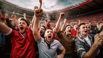 gruppo di fan calcio festeggiare il successo di loro preferito gli sport squadra su il sta di il professionale stadio. generativo ai foto