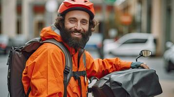 un' contento sorridente consegna uomo nel bicicletta casco con termico isolato Borsa equitazione elettrico scooter su città strada. cibo spedizione, mezzi di trasporto e persone concetto. generativo ai foto