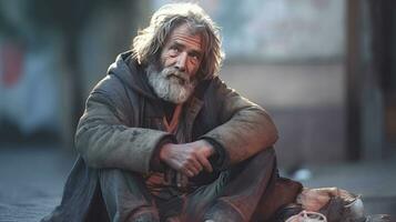 un' senza casa mendicante uomo seduta all'aperto nel città chiede per i soldi donazione. generativo ai foto
